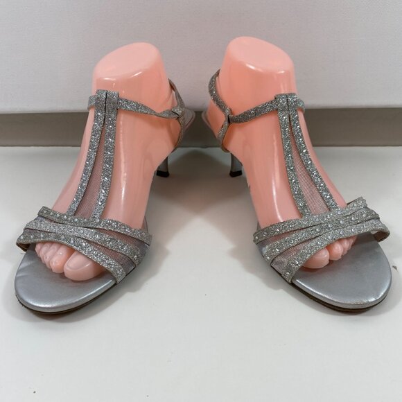 Fioni Night Women's Silver Glitter Rhinestones Sandals Kitten Heel Size 9.5 - Picture 1 of 13